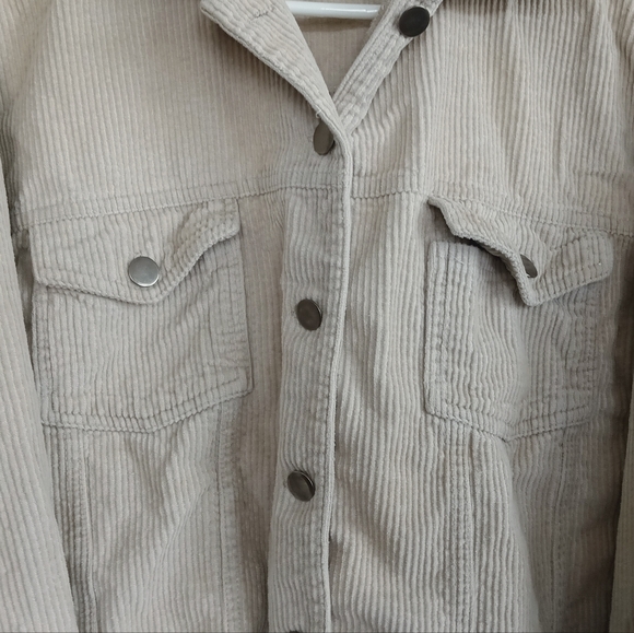 POL Beige Corduroy Jacket Crop Fringe Gray Button Down Oversized Distressed Cool - Picture 3 of 10